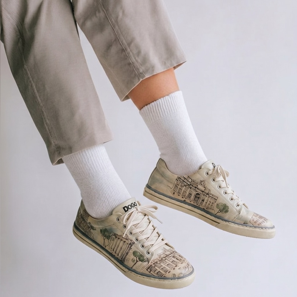 DOGO Rome Italy Landmarks Vegan Leather Lace Up Sneakers Cream Womens 39‎